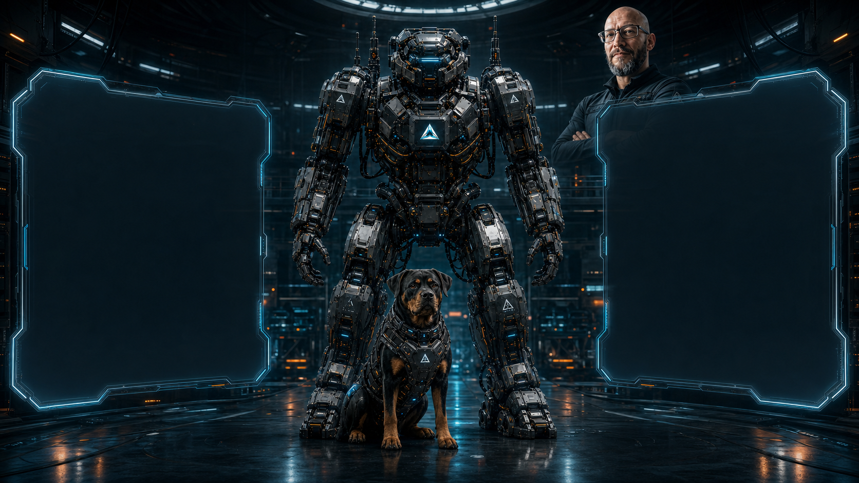 ATLAS Maschinenvision mit Ronny Stauner und dem Rottweiler als Symbol der schützenden Hosentaschen-KI